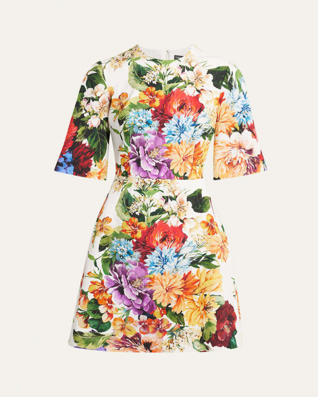Floral Bouquet Short-Sleeve Creton Mini Dress